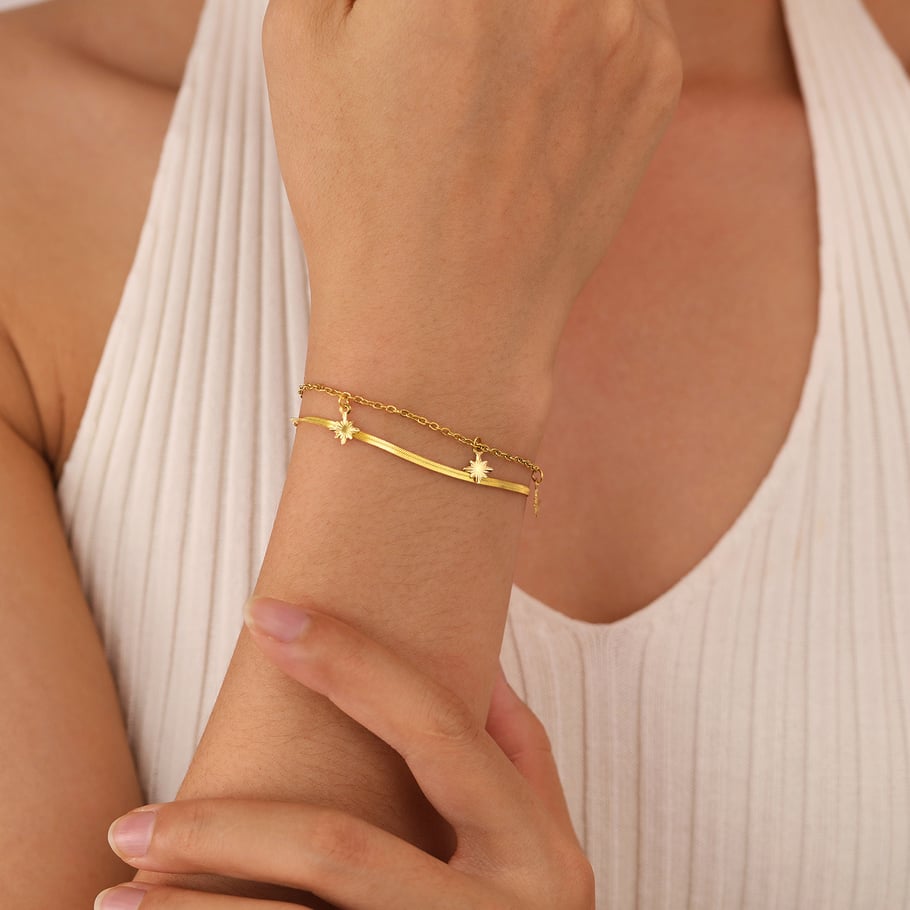 1 Piece Charming Series Daily Eight-pointed Star Double-layer Stainless Steel Gold Color Women's Chain Bracelets Picture5