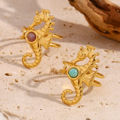 Seahorse Stainless Steel Gold Color Adjustable Rings h5 Picture3