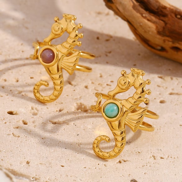 1 pezzo semplice serie retrò tartaruga acciaio inossidabile color oro pietra naturale anelli regolabili da donna