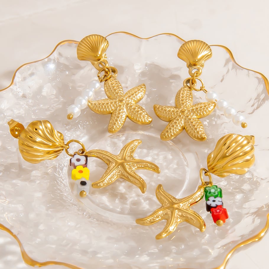 Starfish Stainless Steel Gold Color Drop Earrings Picture4