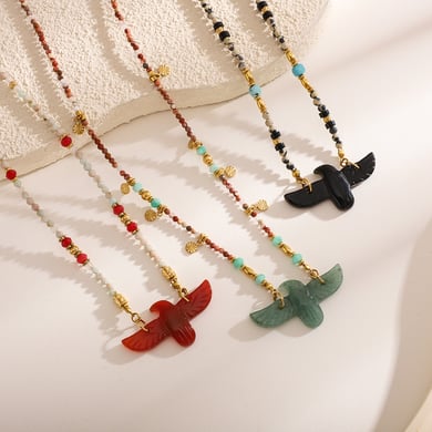 Classic Eagle Stainless Steel Gold Color Natural Stone Women's Beaded Necklaces h5 Picture3
