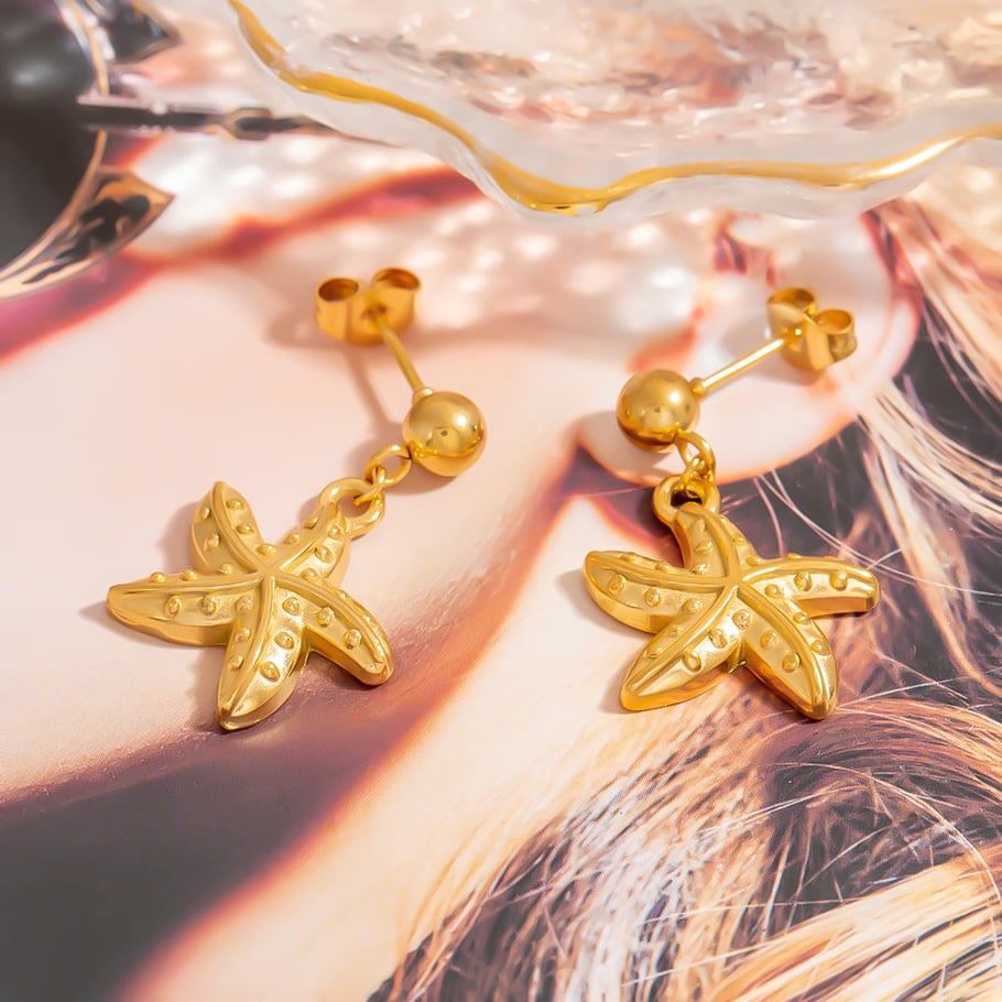 Starfish Stainless Steel Gold Color Drop Earrings Picture3