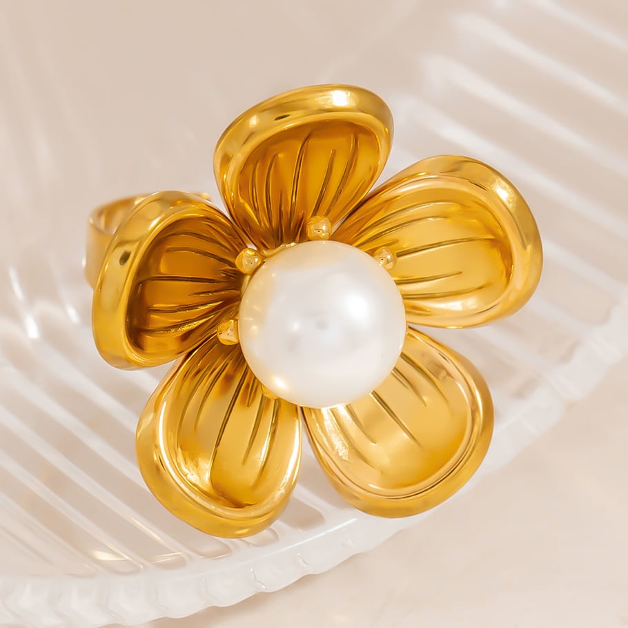 Flower Stainless Steel Gold Color Statement Ring Picture4