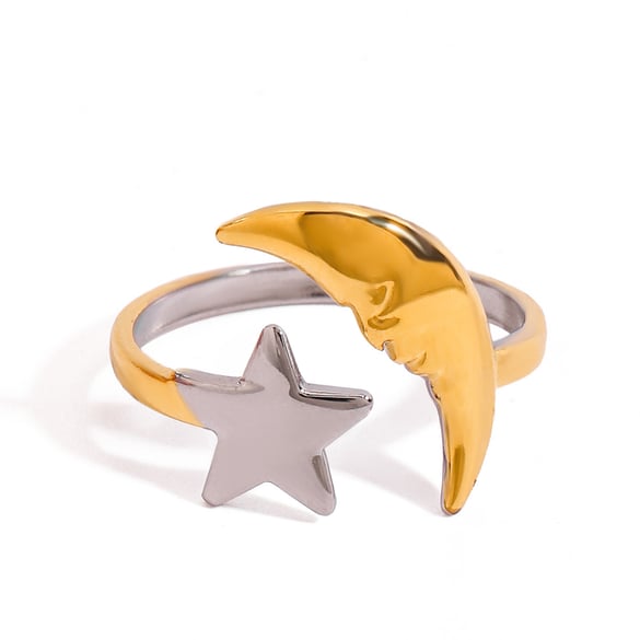 1 Piece Gold and Silver Colorblocking Stainless Steel Star & Moon Women's Adjustable Rings 2