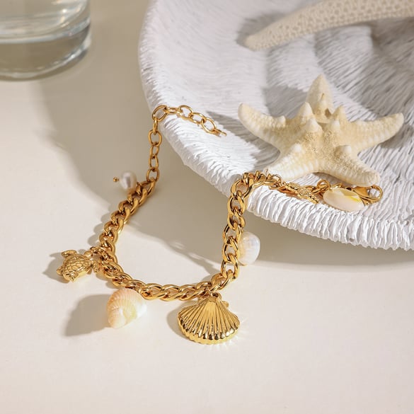1 Piece Gold Color Stainless Steel Starfish & Turtle Charm Bracelet