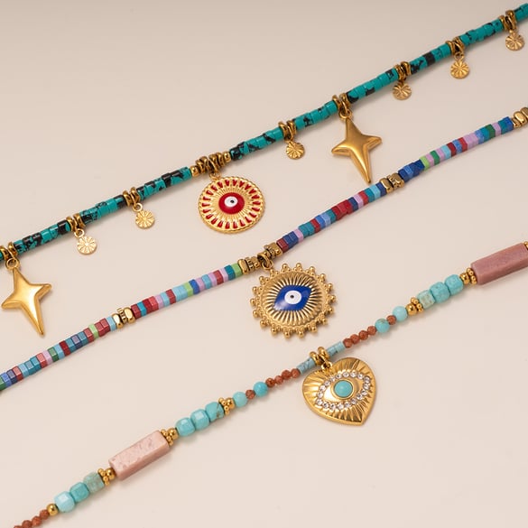 Polychrome Eye Stainless Steel Gold Color Women's Beaded Necklaces