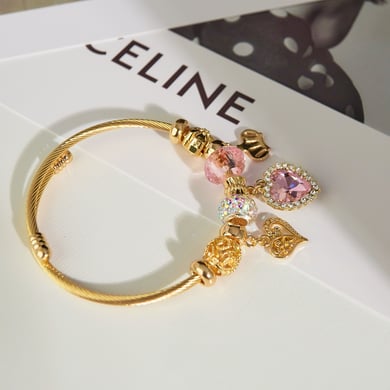 1 Piece Charming Series Cute Pink Heart Beads Stainless Steel Gold Color Women's Bangles h5 Picture2