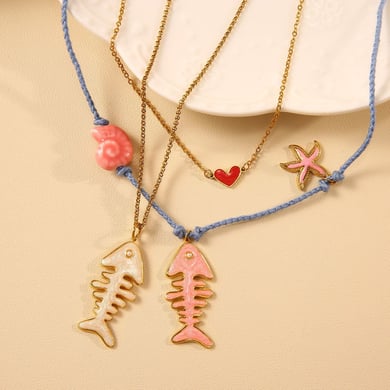 Fishbone Cotton Rope Stainless Steel Gold Color Women's Pendant Necklaces h5 Picture3