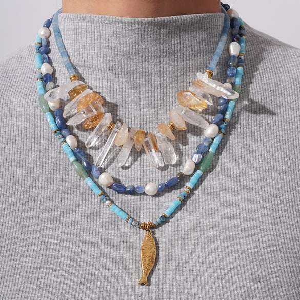 1 Piece Ocean Series Vacation Fish Irregular Crystal Gold Color Natural Stone Women's Beaded Necklaces