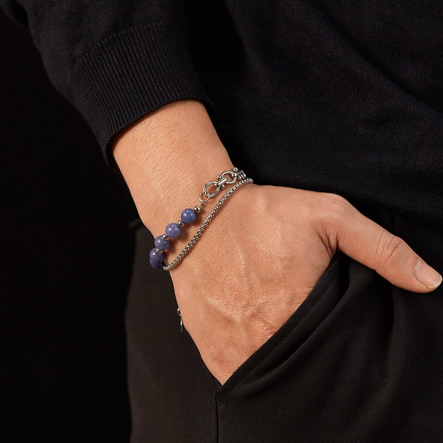 Bracelets à chaîne annulaires quotidiens en acier inoxydable et quartz aventurine pour homme Image4