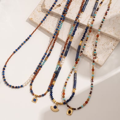 Lapis Lazuli Bohemian Delicate Stainless Steel Gold Color Women's Beaded Necklaces h5 Picture3