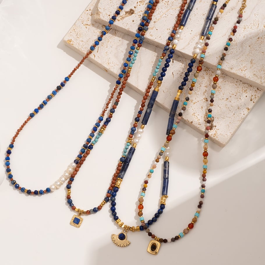 Lapis Lazuli Bohemian Delicate Stainless Steel Gold Color Women's Beaded Necklaces Picture3