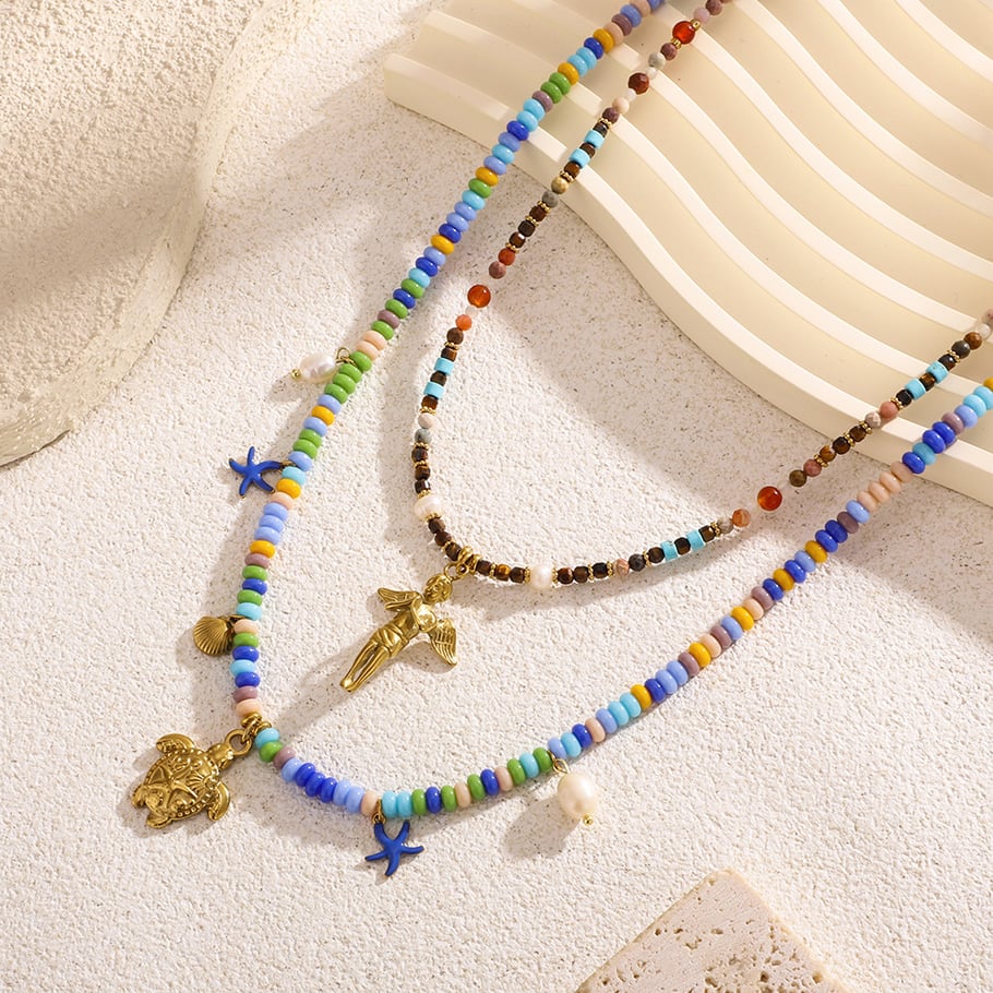 Vacation Turtle Summer Stainless Steel Gold Color Natural Stone Women's Pendant Necklaces Picture4