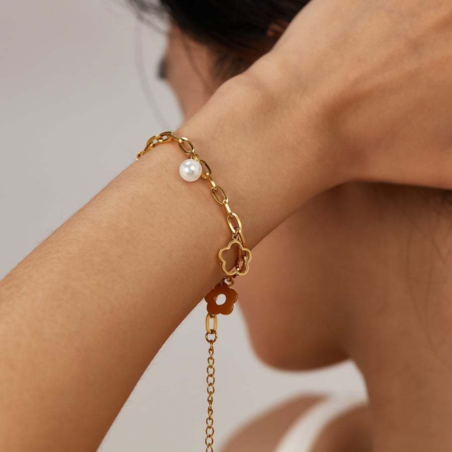 Pulseras con dijes geométricos de acero inoxidable en color dorado para mujer, serie simple, 1 pieza Imagen4