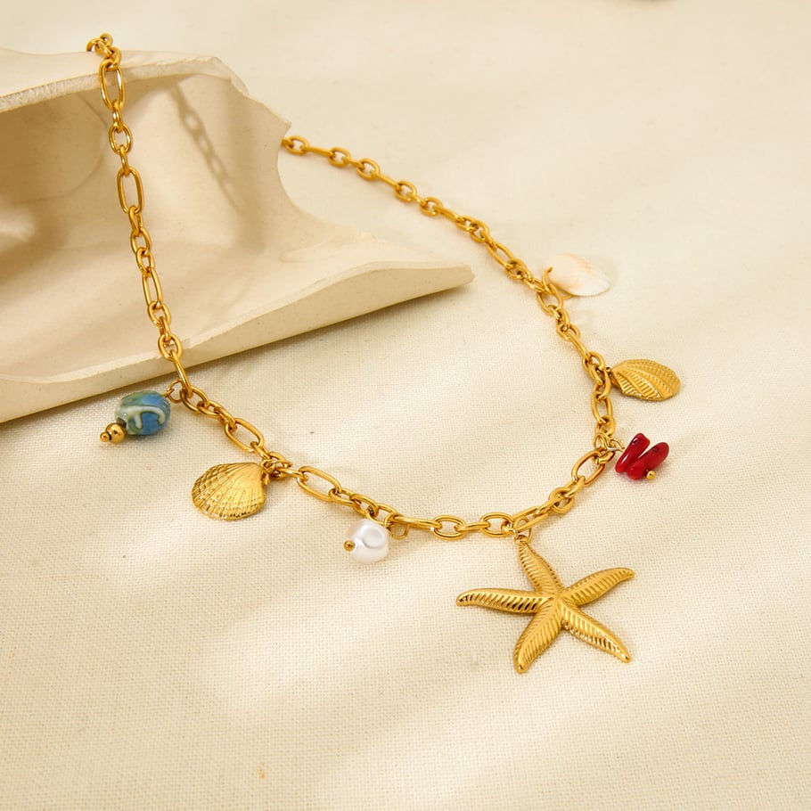 1 Piece Ocean Element Starfish Shell Stainless Steel Pendant Necklace Picture3