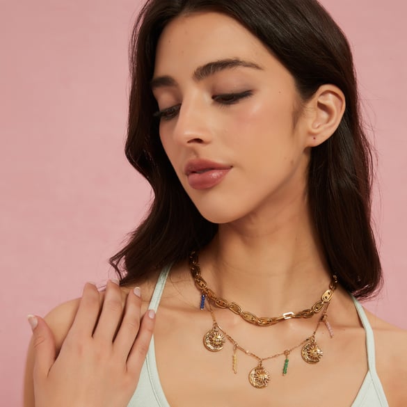 Lussuose collane con ciondolo Sole e Luna in acciaio inossidabile color oro da donna
