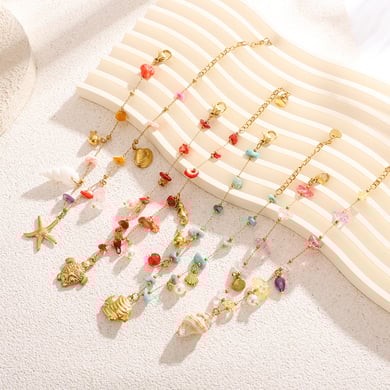 Colorful Vacation Turtle Stainless Steel Gold Color Natural Stone Anklets h5 Picture3