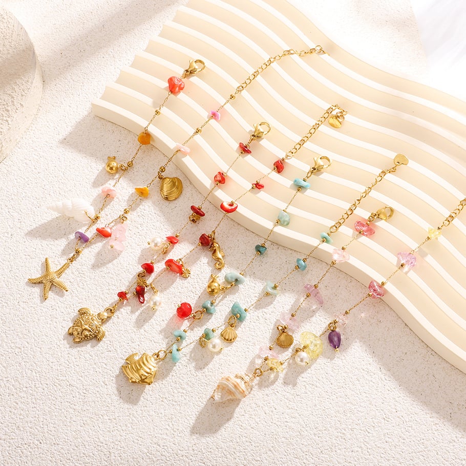 Colorful Vacation Turtle Stainless Steel Gold Color Natural Stone Anklets Picture3