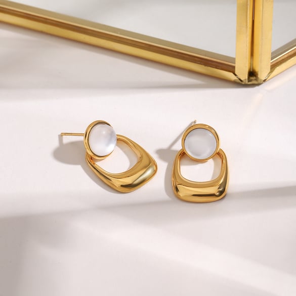 1 paio di orecchini pendenti da donna in acciaio inossidabile color oro con pietre artificiali geometriche retrò, serie semplice