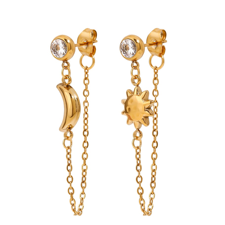 Daily Sun & Moon Stainless Steel Gold Color Drop Earrings 