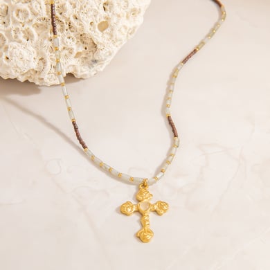 1 Piece Intricate Series Retro Cross Stainless Steel Gold Color Natural Stone Women's Beaded Necklaces h5 Picture7