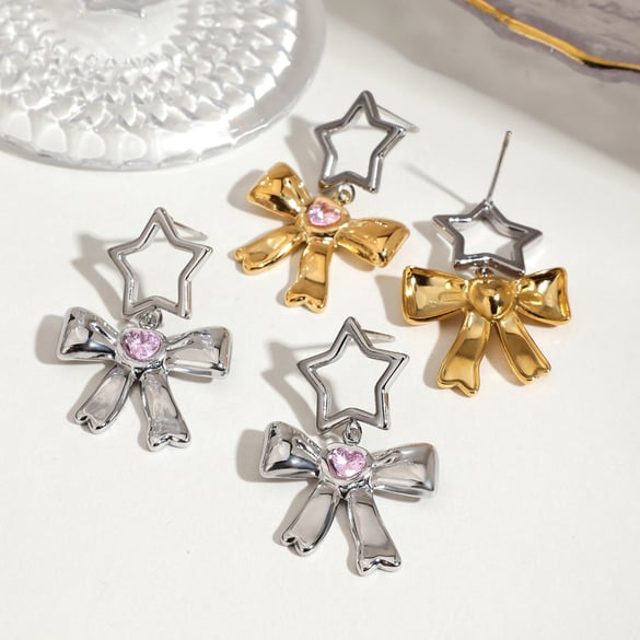 Ins Style Bow Stainless Steel MIxed Color Drop Earrings