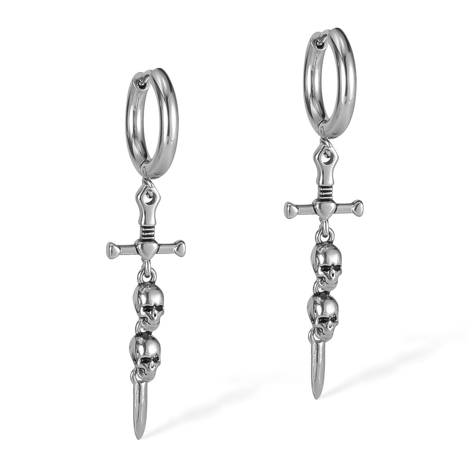 Boucles d&#39;oreilles pendantes en acier inoxydable pour homme, motif tête de mort et épée ornées Image6