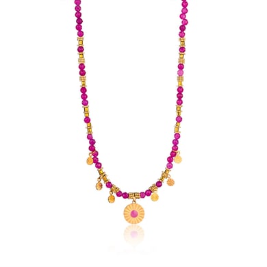 1 Piece Intricate Series Retro Circle Stainless Steel Gold Color Pink Natural Stone Women's Pendant Necklaces h5 Picture6
