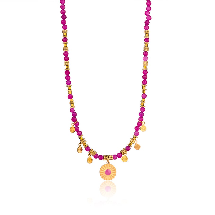 1 Piece Intricate Series Retro Circle Stainless Steel Gold Color Pink Natural Stone Women's Pendant Necklaces Picture6
