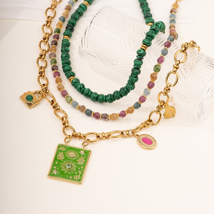 1 Piece Luxurious Series Bohemian Green Eye Tarot Stainless Steel Gold Color Women's Beaded Necklaces Picture4