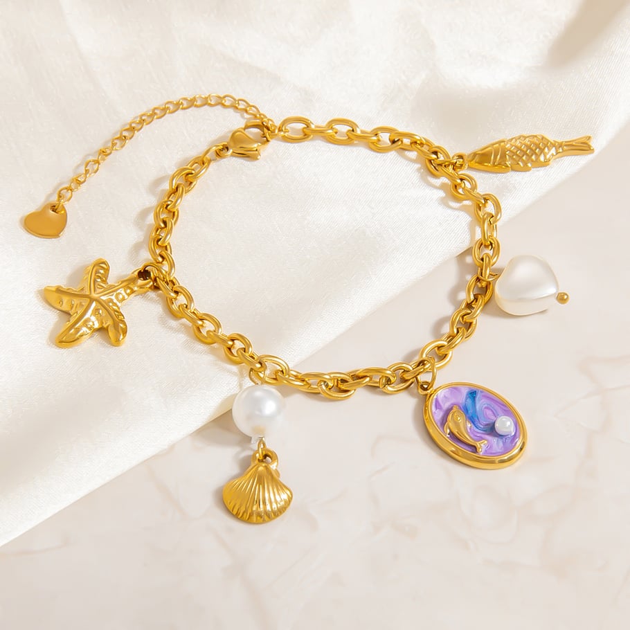 Vacation Turtle Stainless Steel Gold Color Artificial Pearl Women's Charm Bracelets Picture5