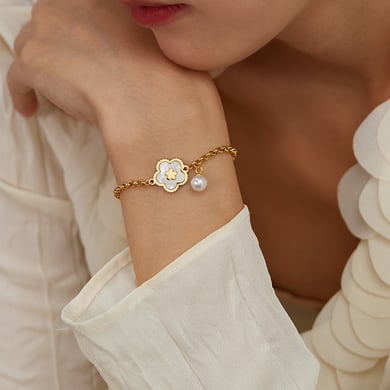 Pulseras con dijes de acero inoxidable dorado de 1 pieza con diseño de flor simple para mujer h5 Imagen4