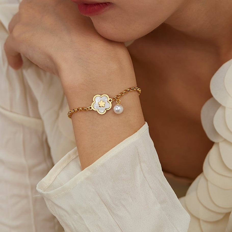 Pulseras con dijes de acero inoxidable dorado de 1 pieza con diseño de flor simple para mujer Imagen4