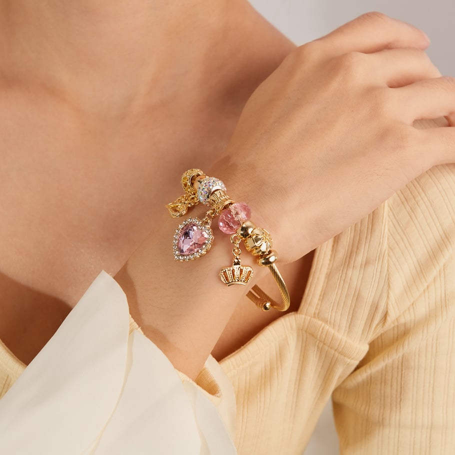 1 Piece Charming Series Cute Pink Heart Beads Stainless Steel Gold Color Women's Bangles Picture4