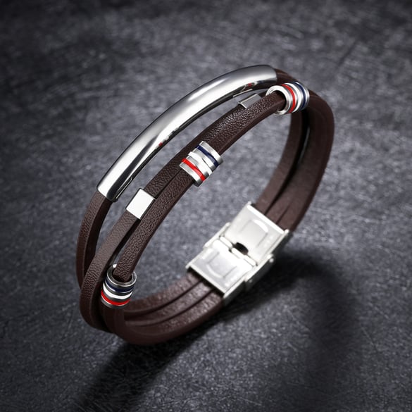 1 Piece Simple Multilayer Leather Stainless Steel Men's Bracelets 2