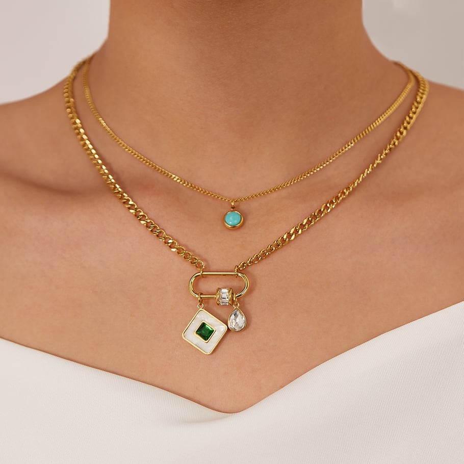 Collares en capas de acero inoxidable dorados con diseño geométrico diario de serie simple de 1 pieza para mujer Imagen2