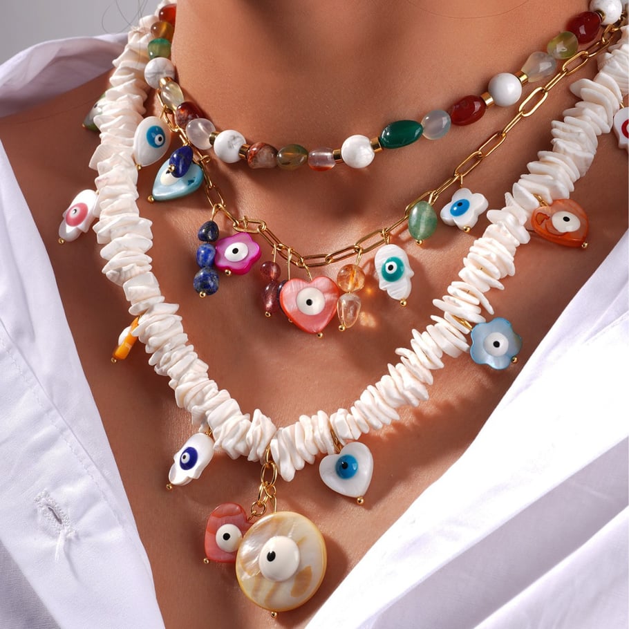 1 Piece Delicate Series Vacation Eye Pattern Natural Shell Stainless Steel Gold Color Women's random Beaded Necklaces Picture3
