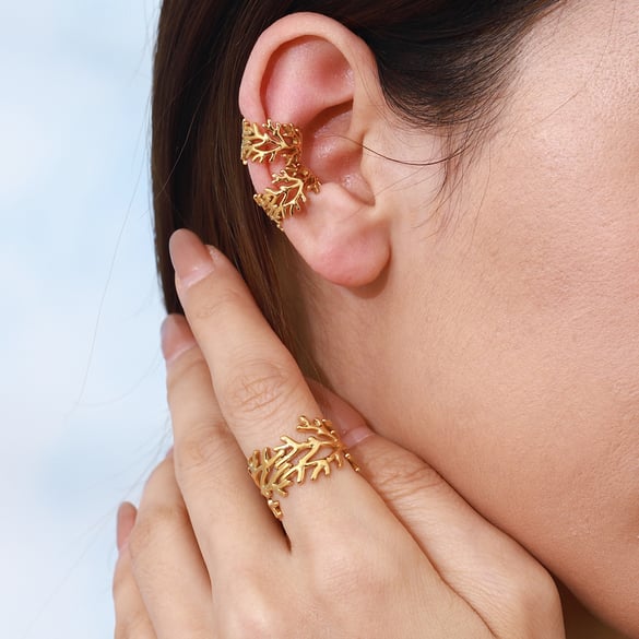 Retro Leaves Stainless Steel Gold Color Ear Cuffs 2