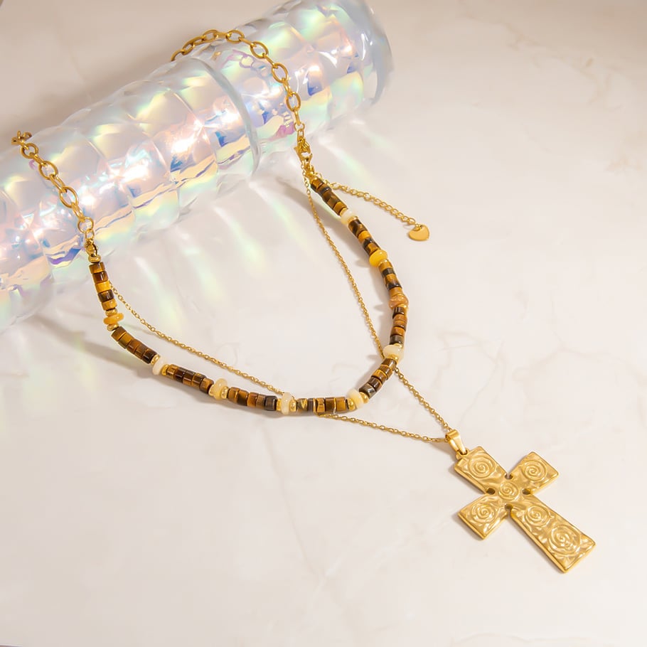 1 Piece Intricate Series Retro Cross Stainless Steel Gold Color Natural Stone Women's Beaded Necklaces Picture6