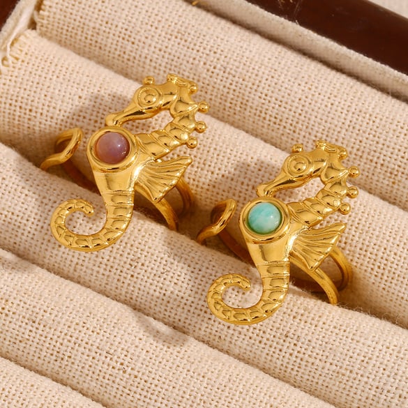 1 pezzo semplice serie retrò tartaruga acciaio inossidabile color oro pietra naturale anelli regolabili da donna 2