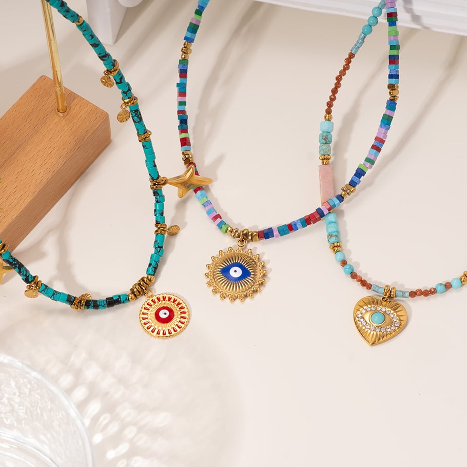 Polychrome Eye Stainless Steel Gold Color Women's Beaded Necklaces Picture5