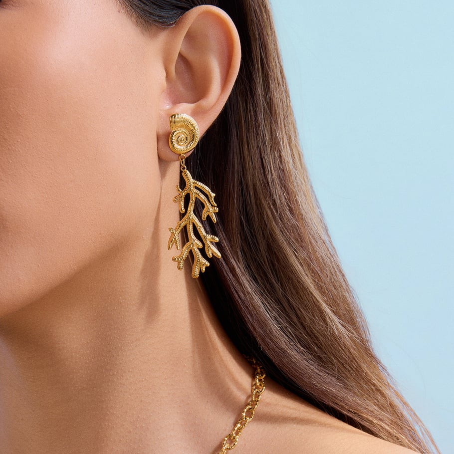 Retro Coral Stainless Steel Gold Color Drop Earrings h5Picture4