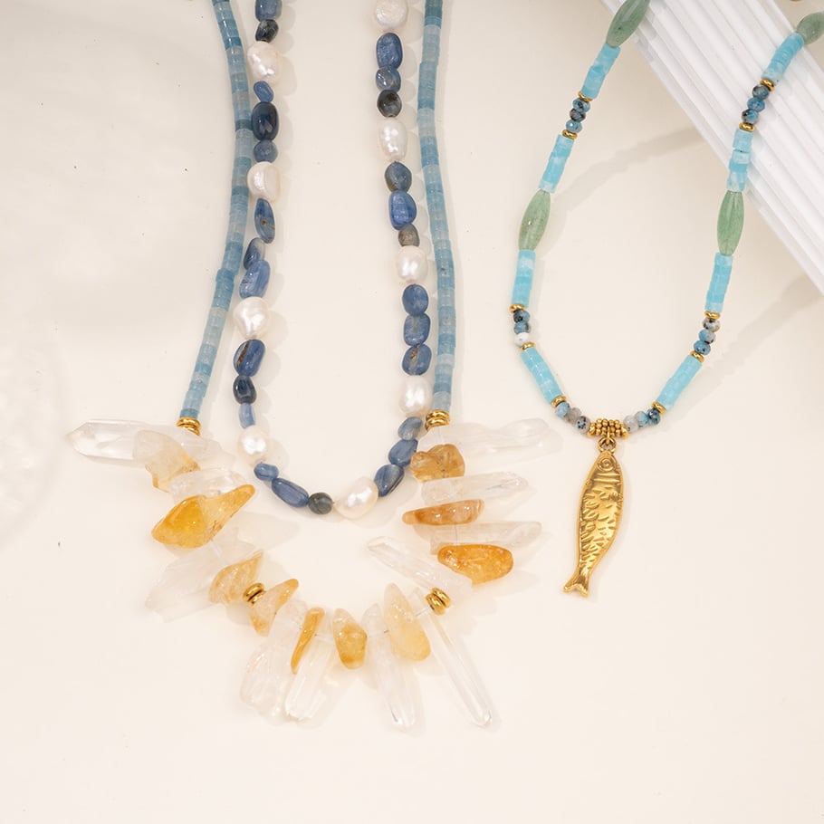 1 Piece Ocean Series Vacation Fish Irregular Crystal Gold Color Natural Stone Women's Beaded Necklaces Picture5