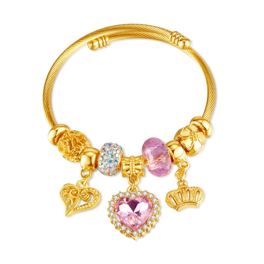 1 Piece Charming Series Cute Pink Heart Beads Stainless Steel Gold Color Women's Bangles Picture5