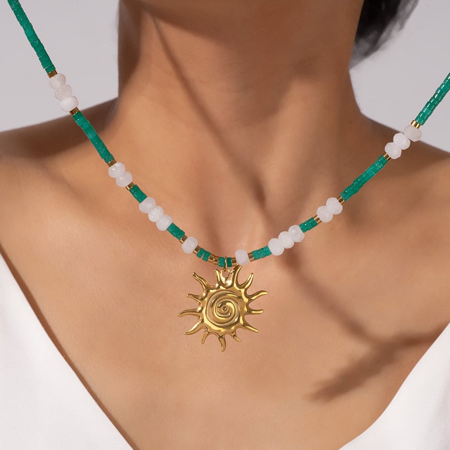 Classic Sun Stainless Steel Gold Color Natural Stone Women's Pendant Necklaces Picture4