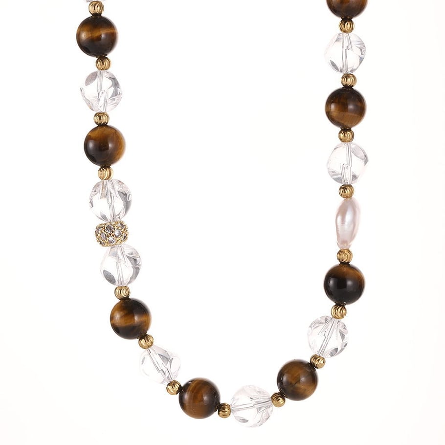 Retro Tiger's-eye Beads Stainless Steel Gold Color Natural Stone Women's Beaded Necklaces Picture6