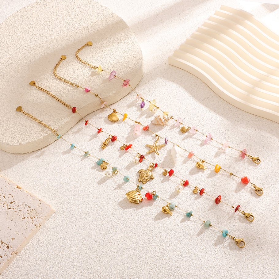 Colorful Vacation Turtle Stainless Steel Gold Color Natural Stone Anklets Picture4