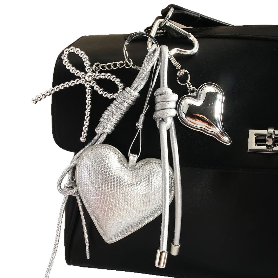 Premium Feel Silver PU Heart Bow Braided Rope Women's Bag Charms Picture5