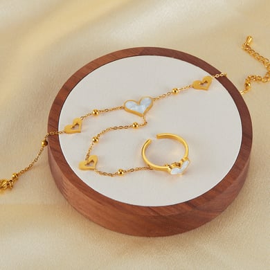 Pulsera de cadena de acero inoxidable color dorado con diseño de corazón diario de serie simple para mujer, 1 pieza h5 Imagen4