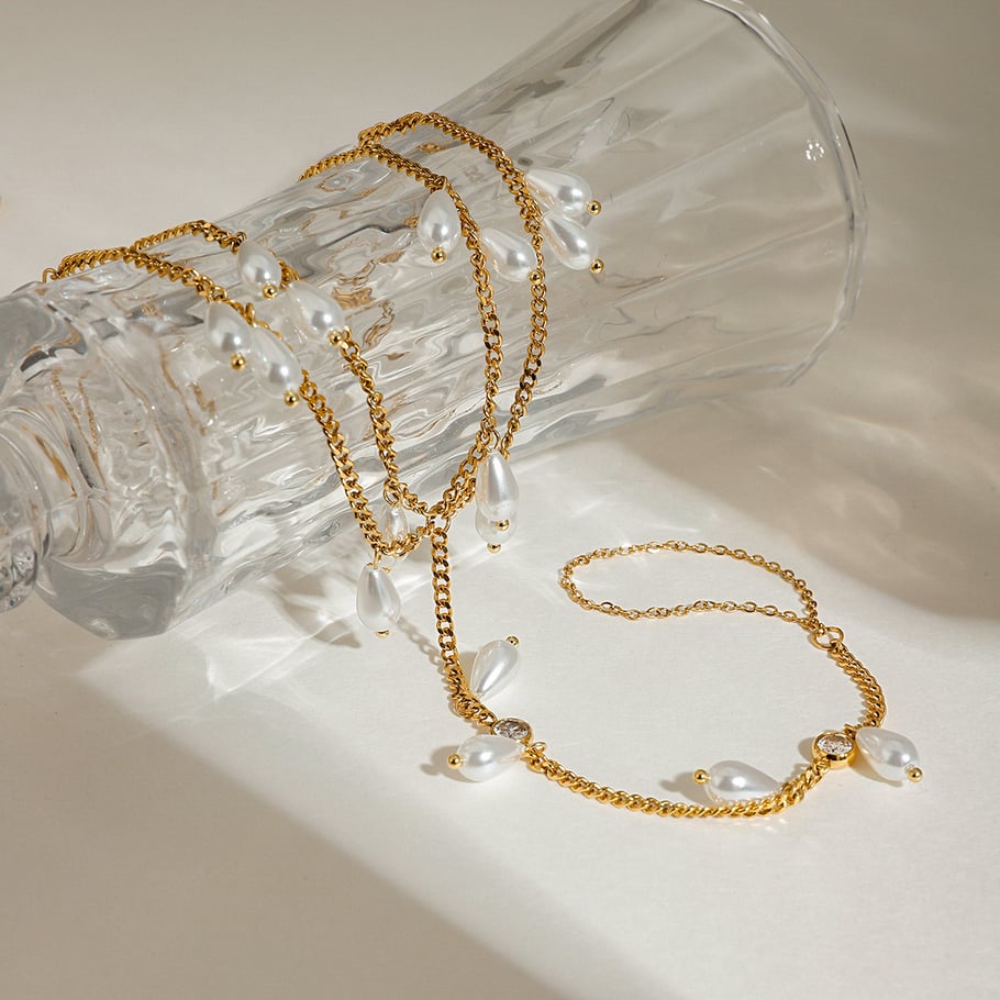 Retro Stainless Steel Gold Color Pearl Anklets Picture3